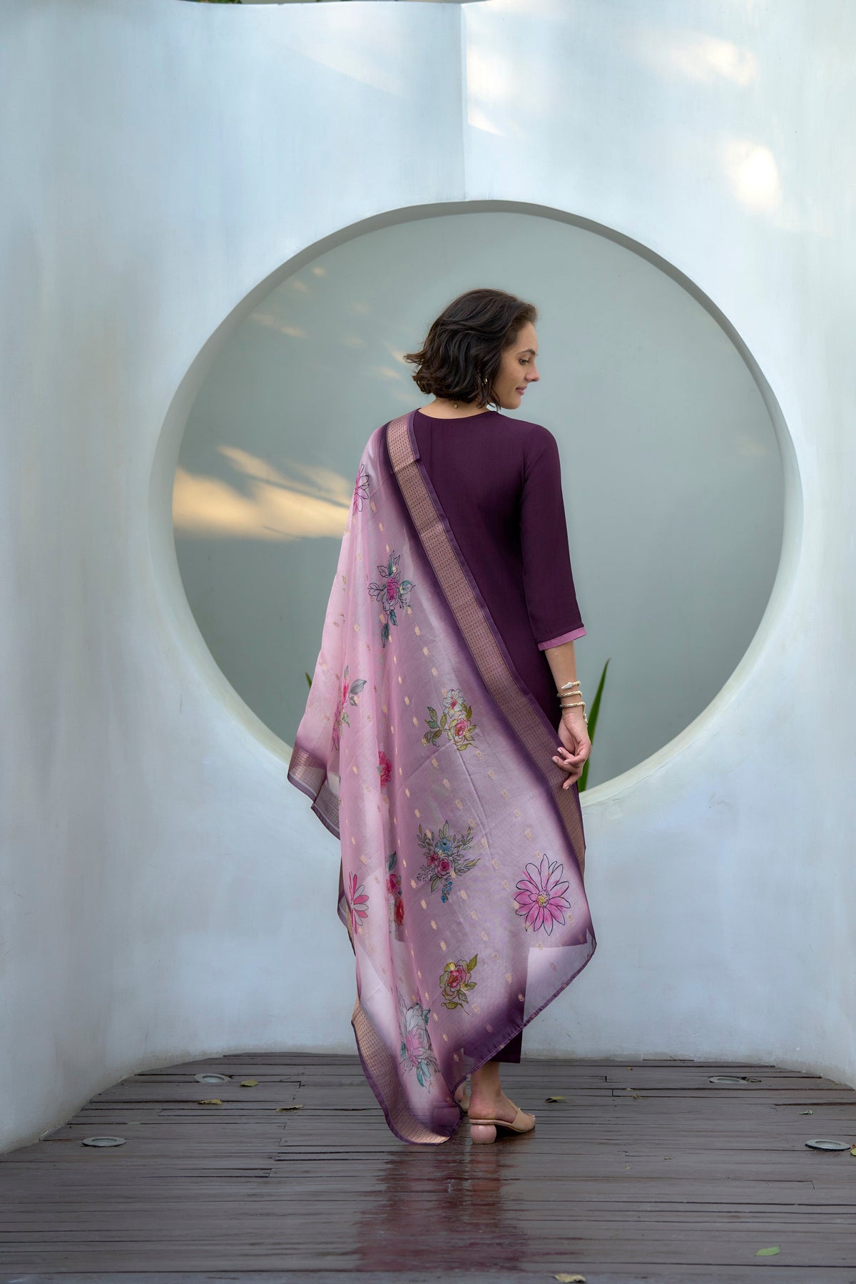 Dark Wine Embroidered Neck Vatican Kurti Set with Organza Butti Dupatta