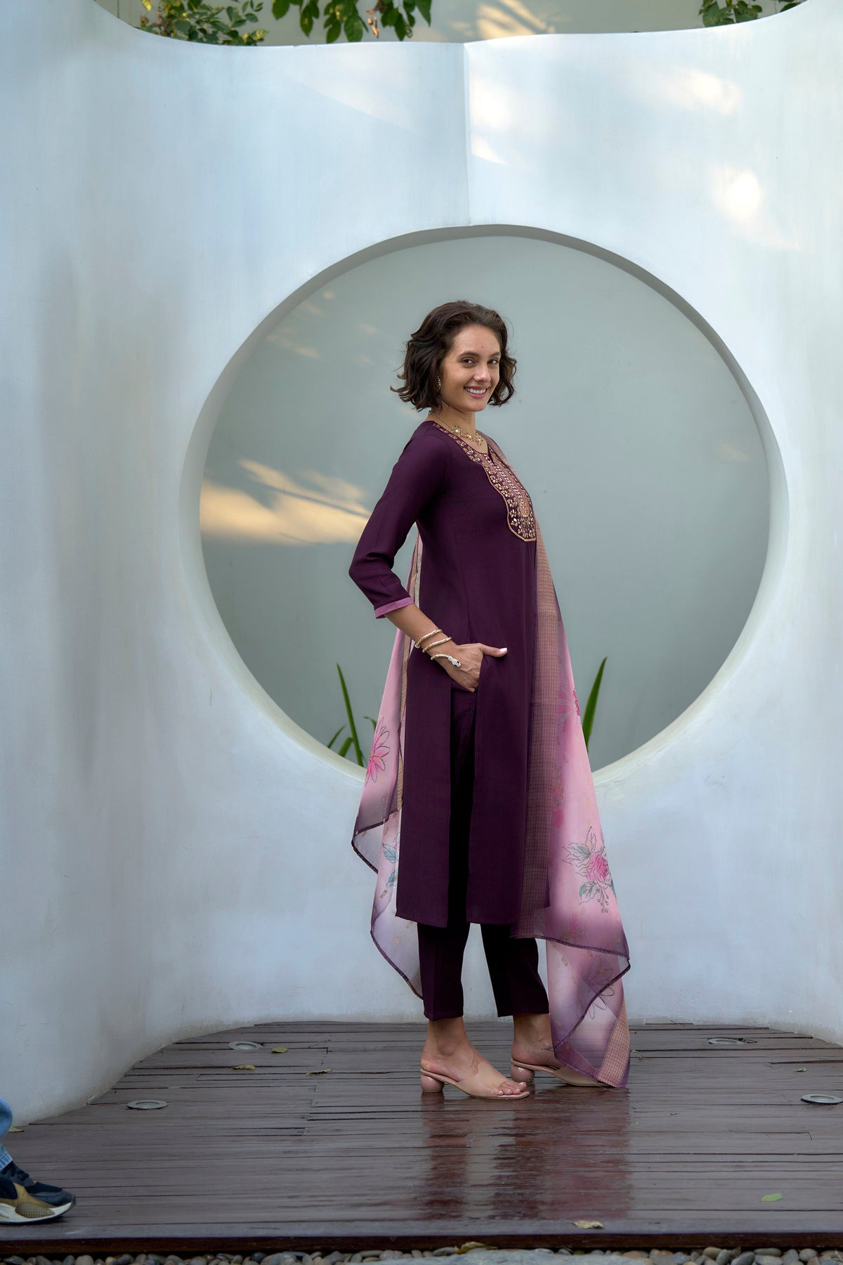 Dark Wine Embroidered Neck Vatican Kurti Set with Organza Butti Dupatta