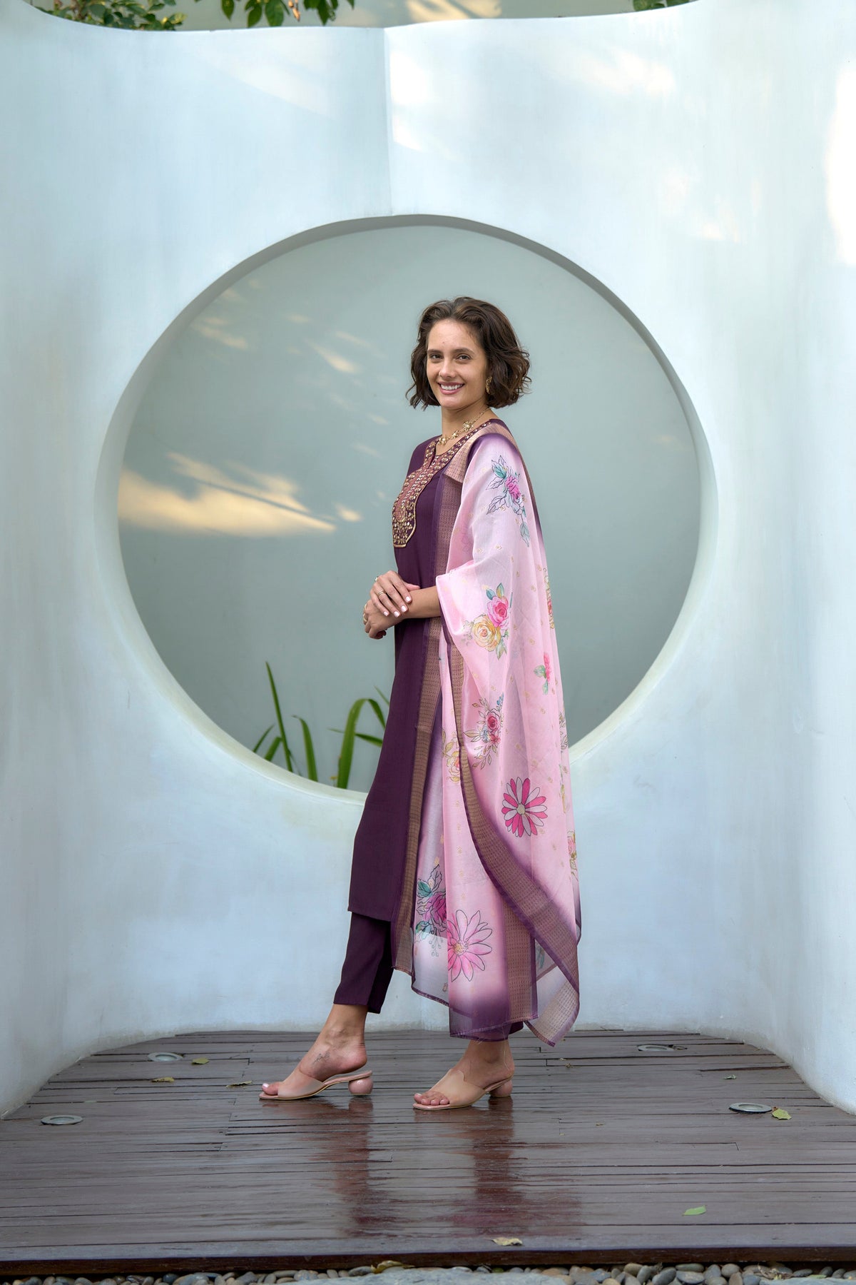 Dark Wine Embroidered Neck Vatican Kurti Set with Organza Butti Dupatta