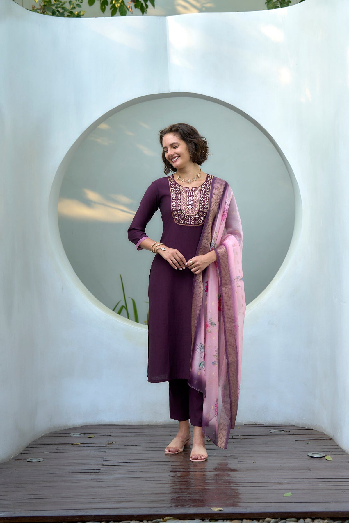 Dark Wine Embroidered Neck Vatican Kurti Set with Organza Butti Dupatta