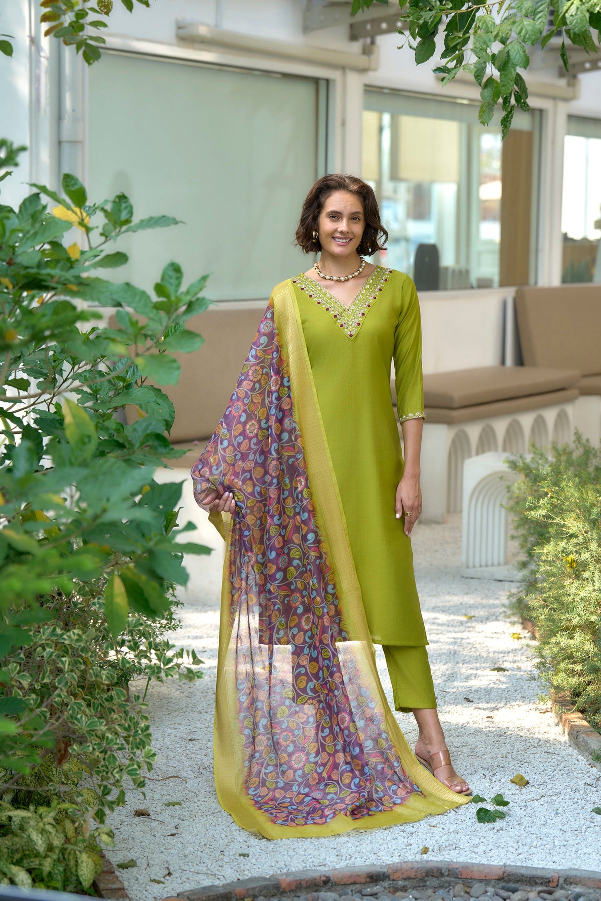 Green Vatican Kurti Set with Chanderi Butti Dupatta