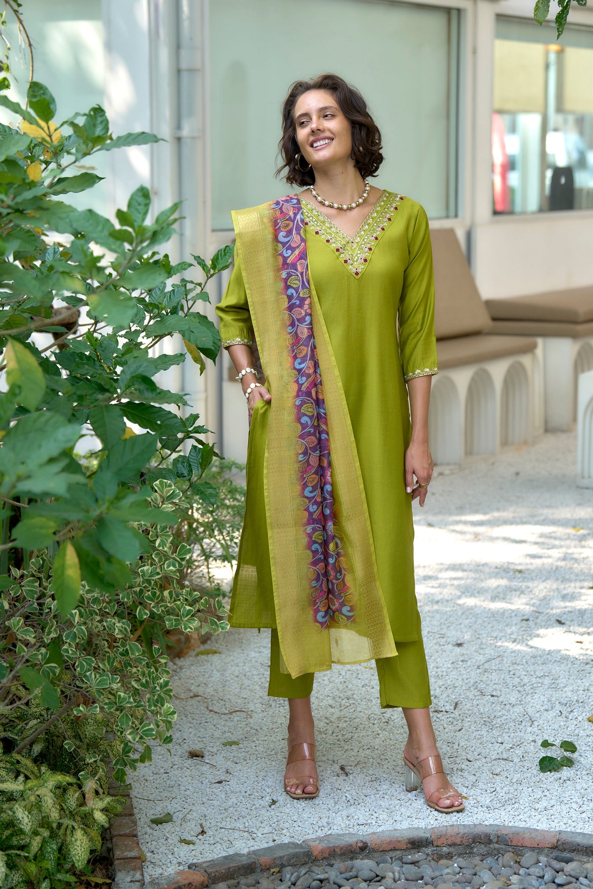 Green Vatican Kurti Set with Chanderi Butti Dupatta