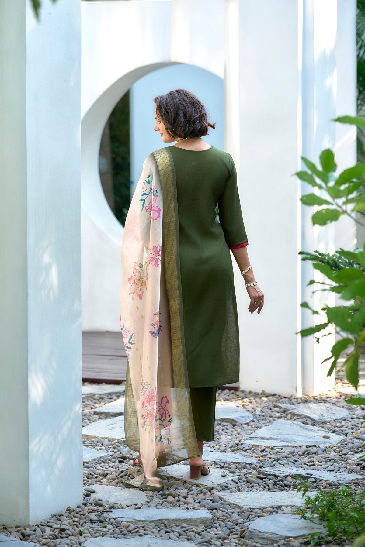 Mehandi Green Embroidered Neck Vatican Kurti Set with Organza Butti Dupatta