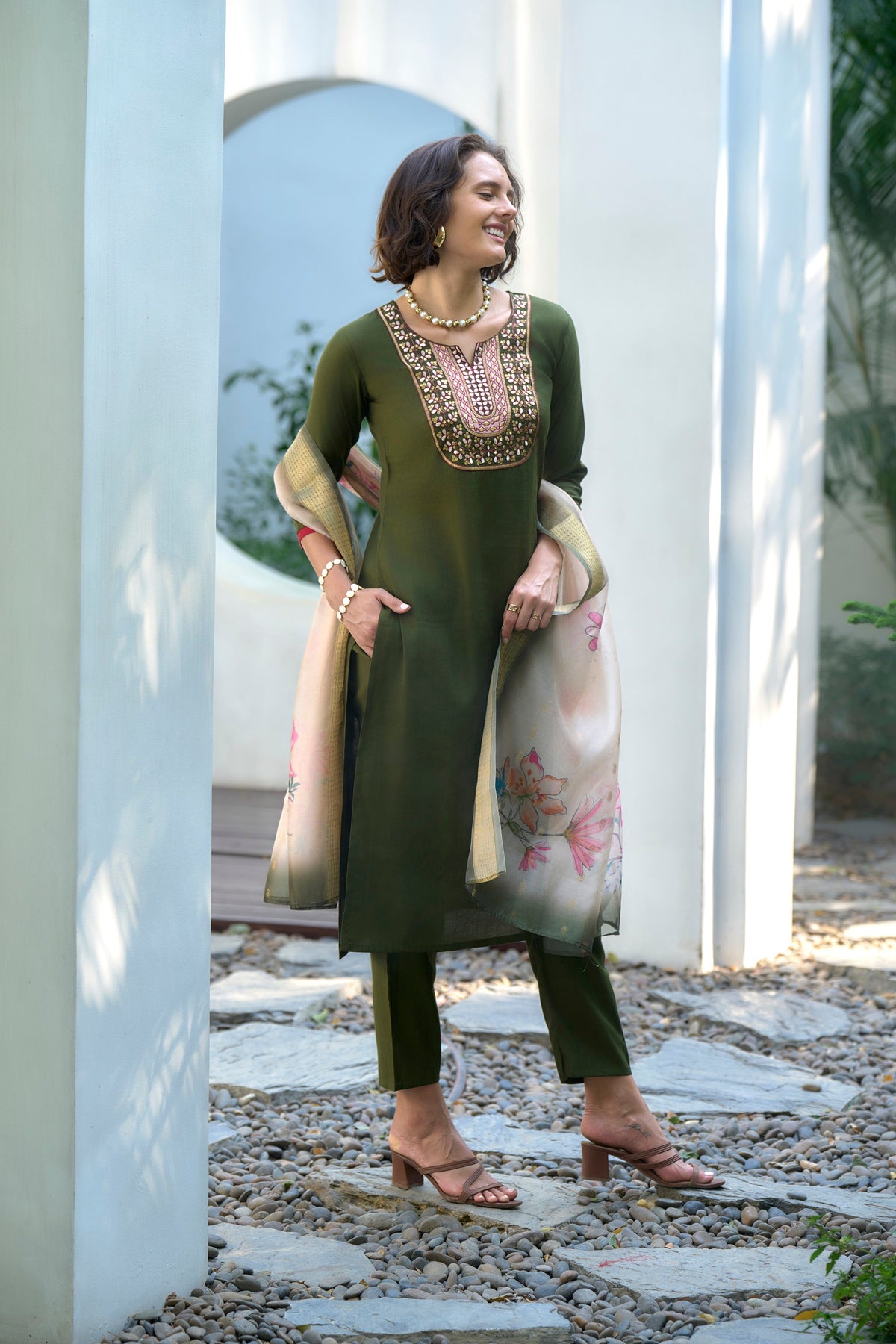 Mehandi Green Embroidered Neck Vatican Kurti Set with Organza Butti Dupatta