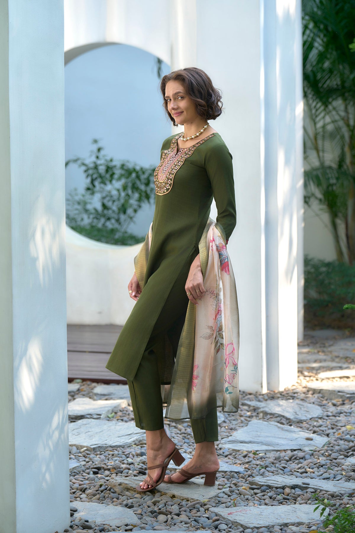 Mehandi Green Embroidered Neck Vatican Kurti Set with Organza Butti Dupatta