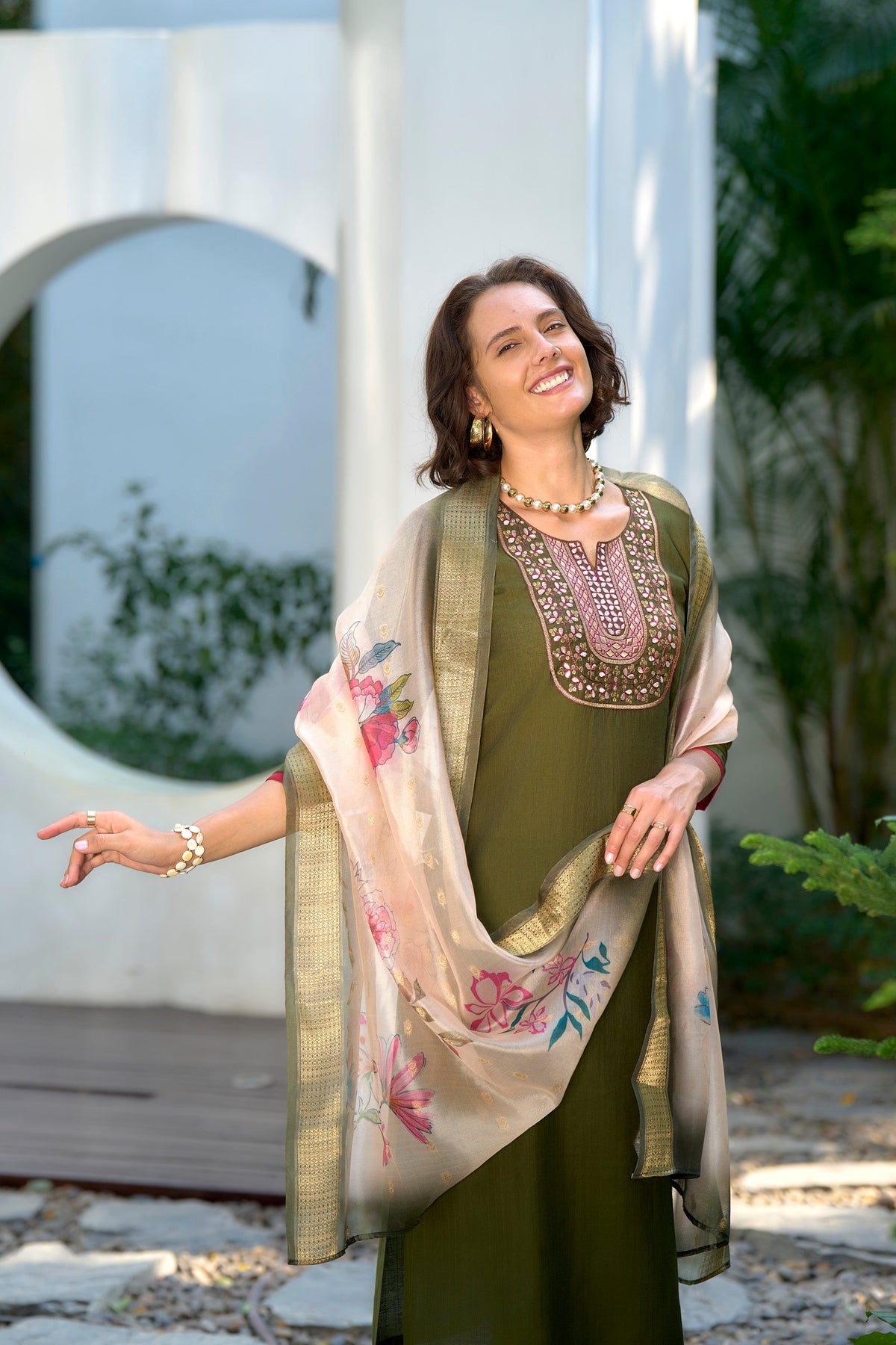 Mehandi Green Embroidered Neck Vatican Kurti Set with Organza Butti Dupatta